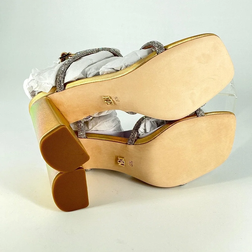 Badgley Mischka Silver Crystal-Strap Gold Block Heel Sandals